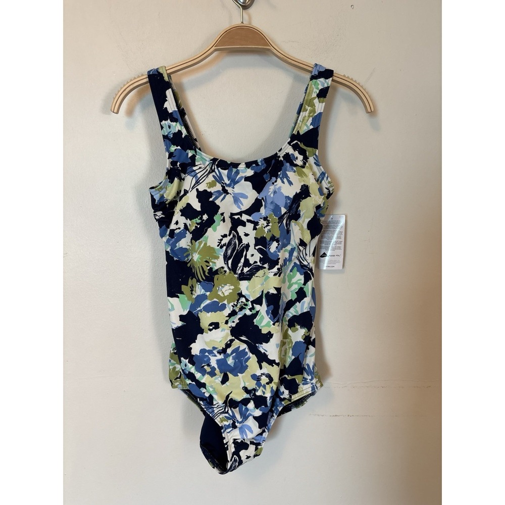 NEW Lands' End Tugless One Piece Swimsuit 8 Blue Floral Scoop Neck